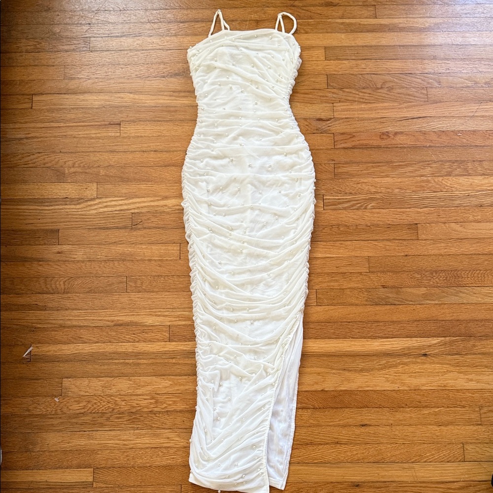 Elegant white Ruched Midi Dress with pearls